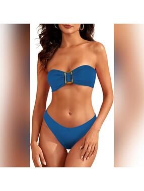 NWT ZAFUL 2 Piece Bandeau Buckle Strapless Lace Up High Cut Bikini Swimsuit, 8